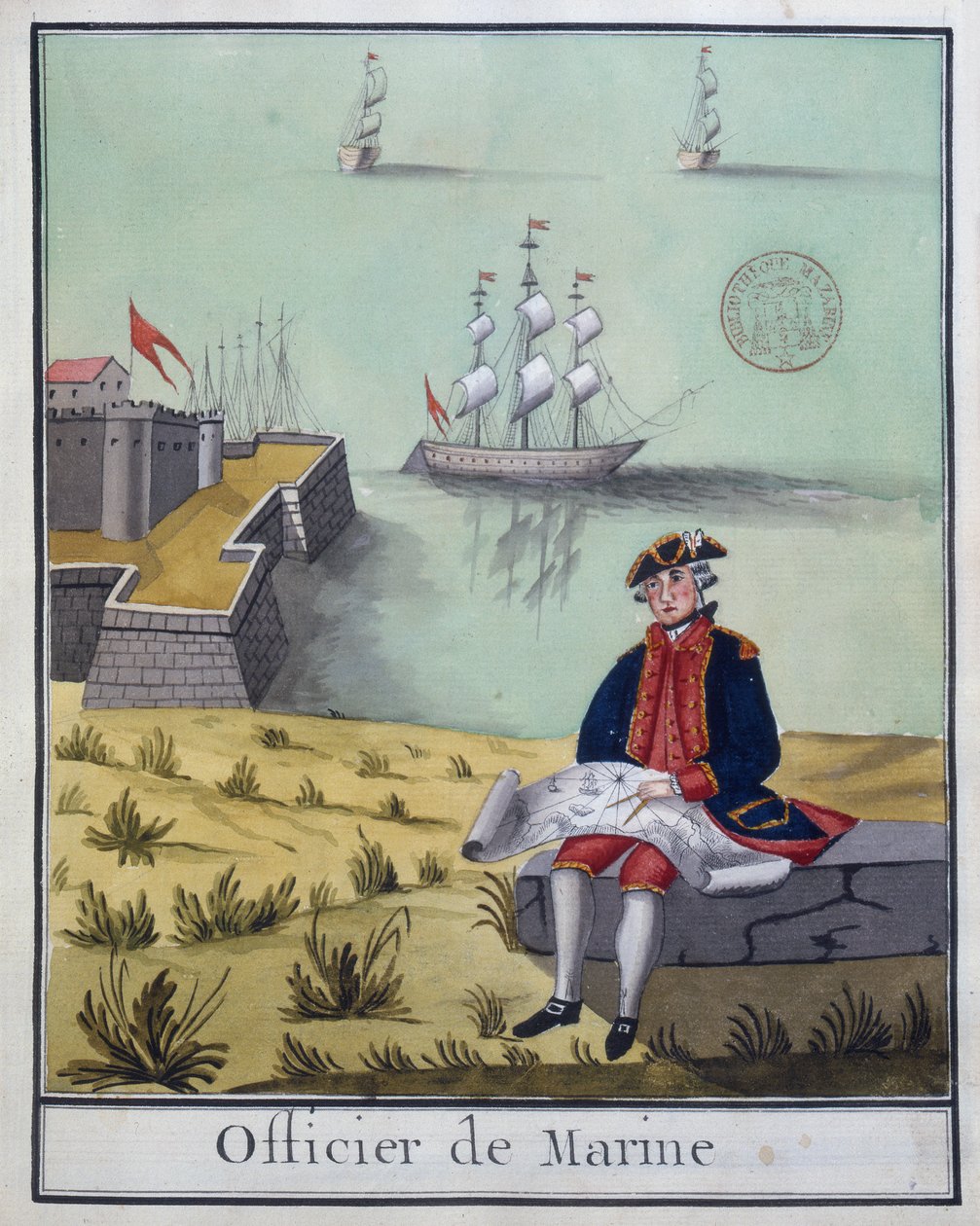 Ms 2848 The Marine Officer, fra en række franske militærkostumer, 1768 (wc på papir) af French School