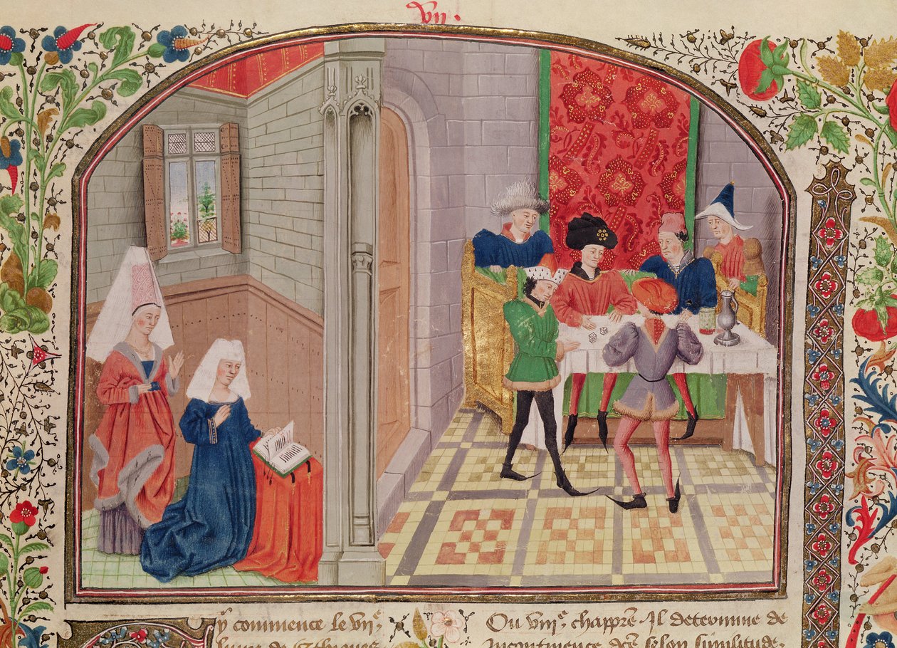 Ms 927 Fol.107 Mådehold og umådehold, fra "Ethics, Politics and Economics" af Aristoteles (384-322 f.Kr.) af French School