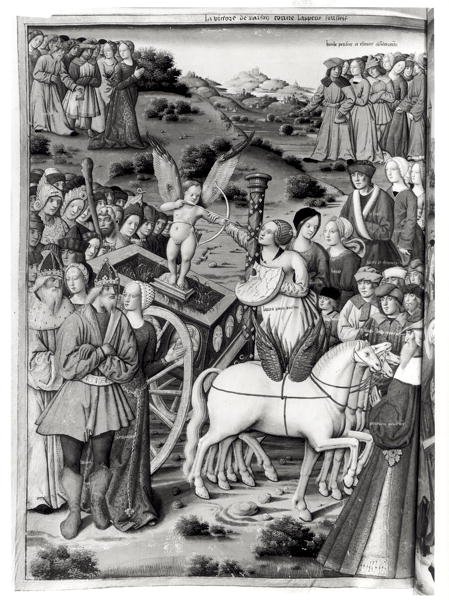 Ms.Fr.594 fol.7v Kærlighedens triumf, fra Les Triomphes af Petrarch (1304-74) 1503 af French School