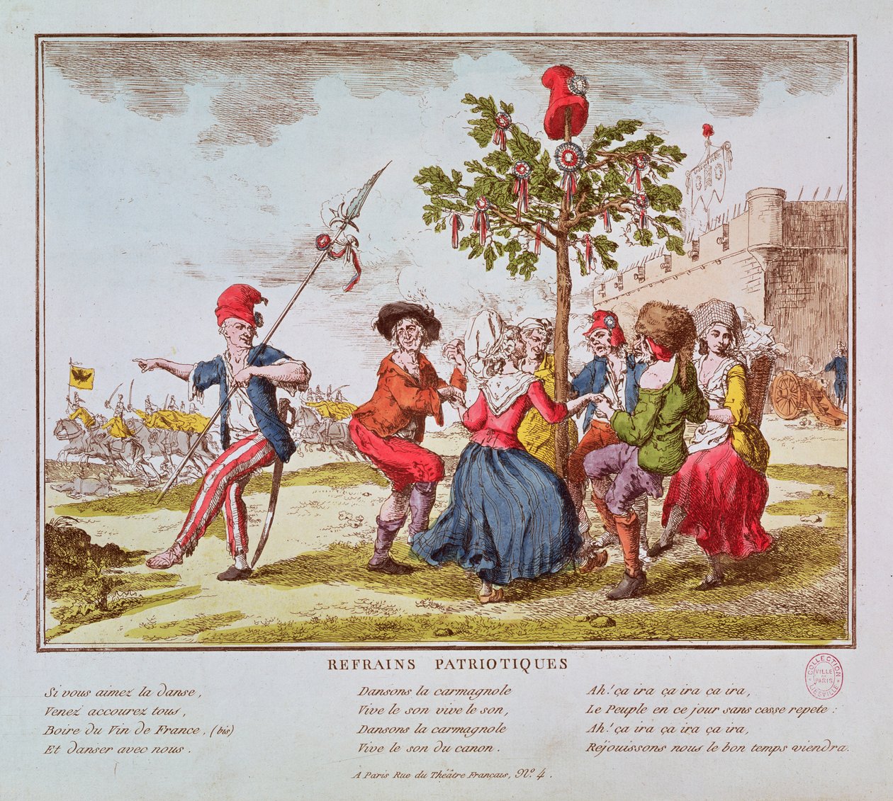 Patriotic Refrains: Franske revolutionære danser carmagnolen rundt om Frihedstræet, ca. 1792 af French School