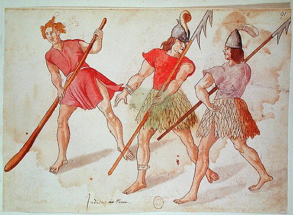 Peruvianske indianere, 1572 (pen & blæk og wc på papir) af French School