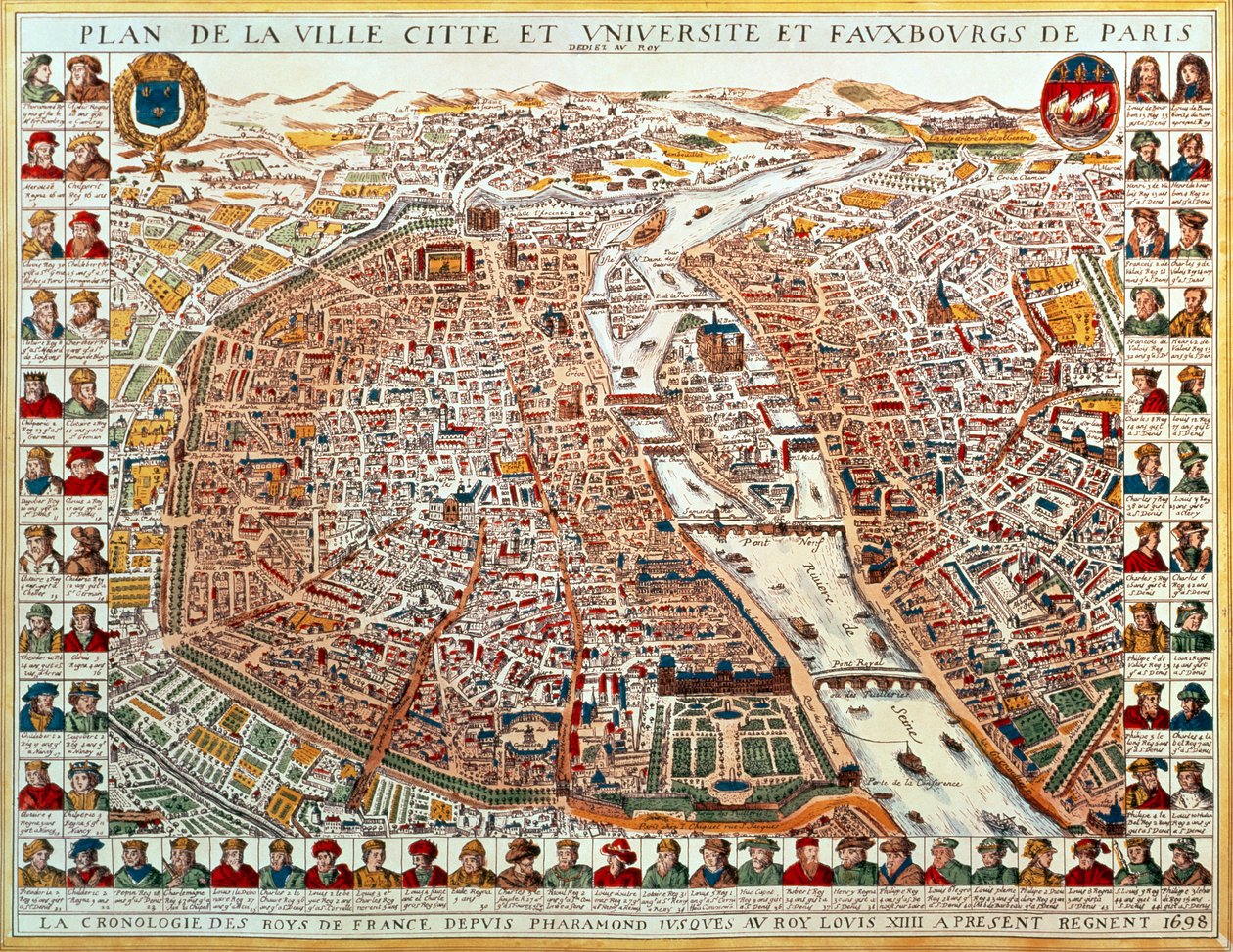Plan af Paris, omkranset af en kronologisk serie af portrætter af Frankrigs konger fra Pharamond til Ludvig XIV, 1698 (håndkoloreret gravering) af French School