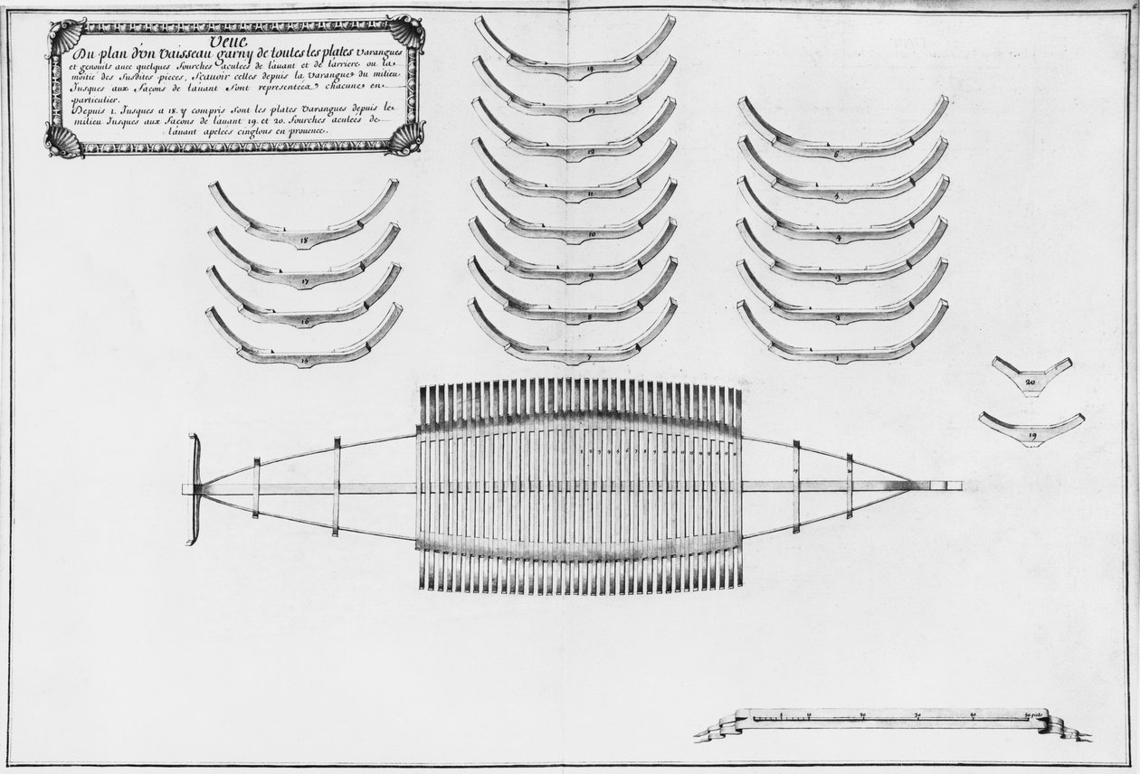 Plan over et fartøj med alle dets gulvplader, illustration fra 