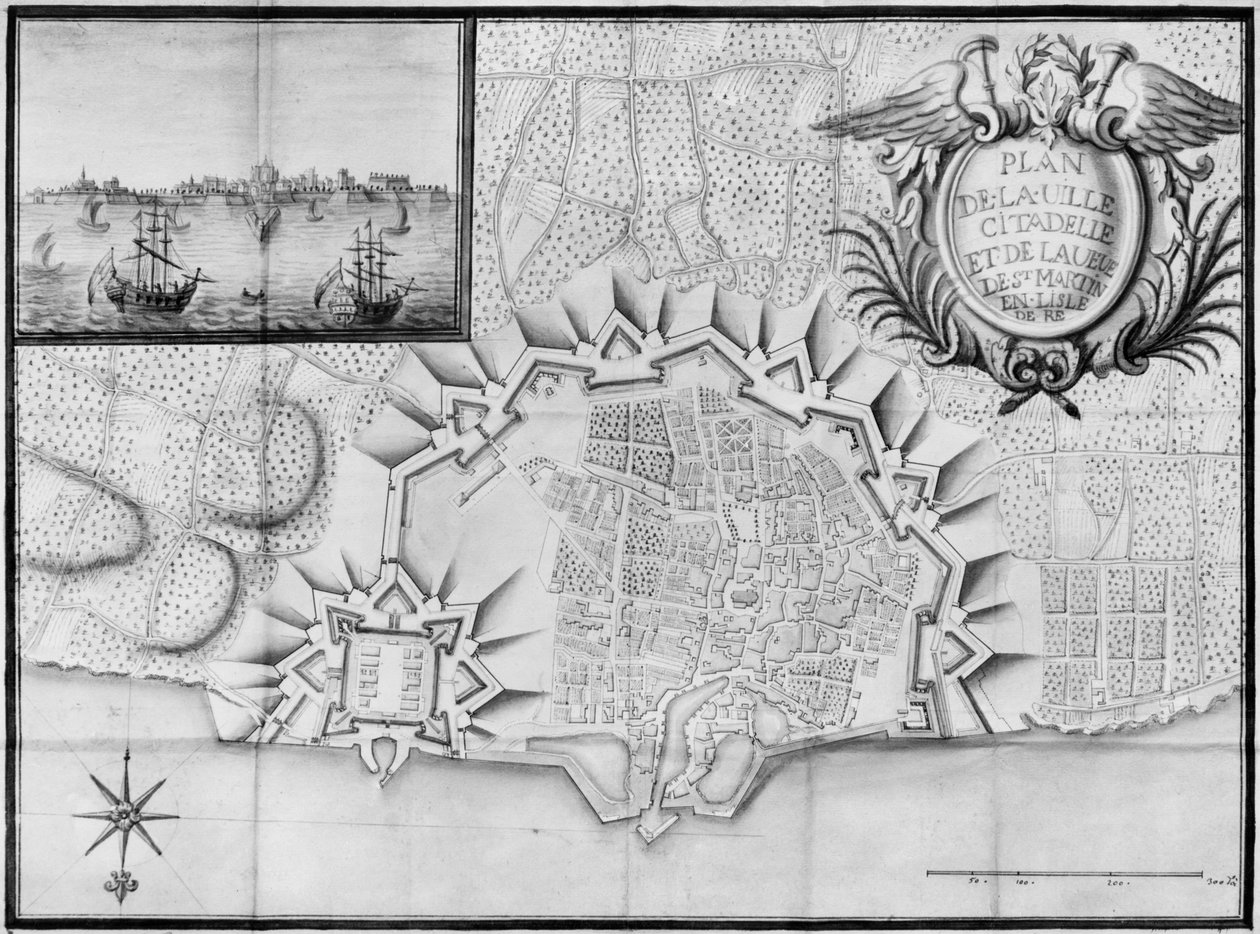Plan over byen og citadellet Saint-Martin-de-Re, Ile de Re (blyant og wc på papir) af French School