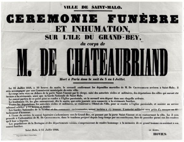 Plakat til begravelsen af Francois Rene de Chateaubriand (1768-1848) i St.Malo 18. juli 1848 (tryk) af French School