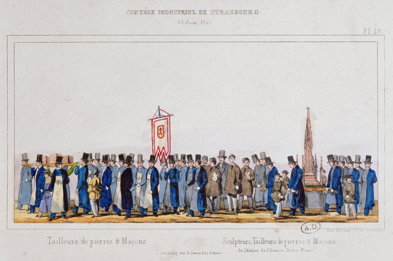 Procession af stenarbejdere og murere i Strasbourg, 25. juni 1840 af French School