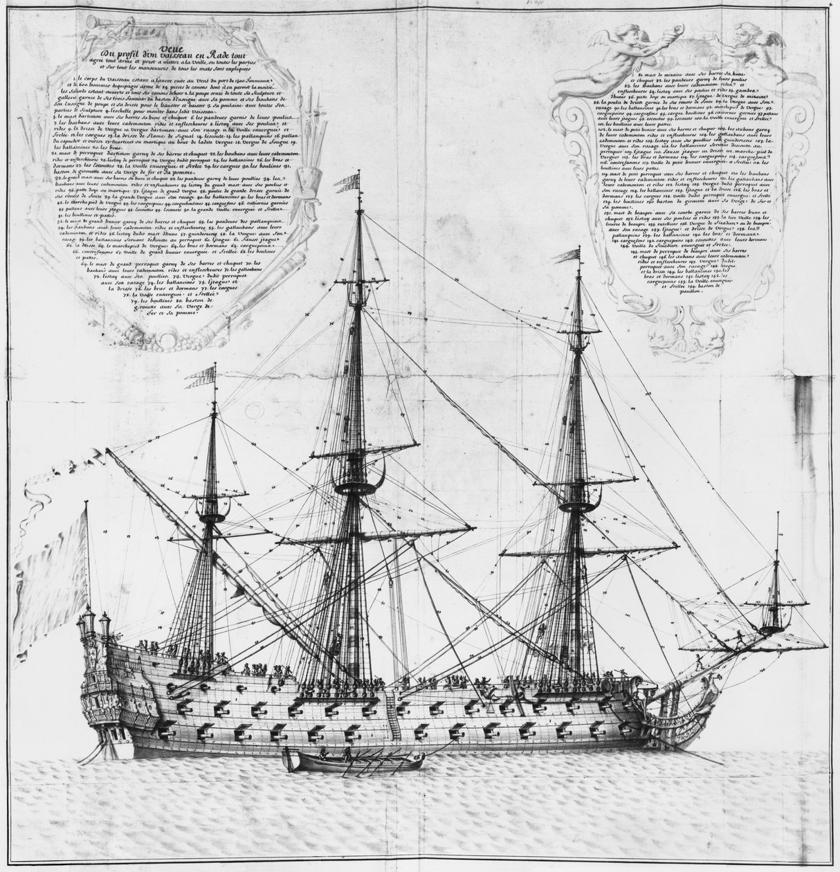 Profil af et skib i havn, illustration fra "Atlas de Colbert", plade 50 (blyant og wc på papir) af French School