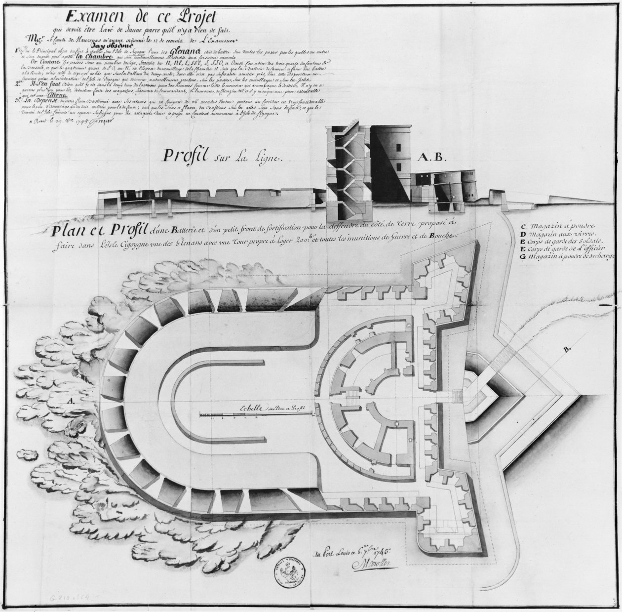 Projekt af et fort på Ile Cigogne, Archipel des Glenan, 1745 (blyant og wc på papir) af French School