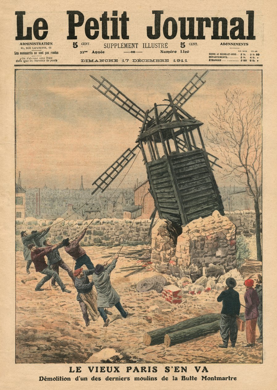 Nedtrækning af en af de sidste vindmøller på Butte Montmartre, illustration fra 