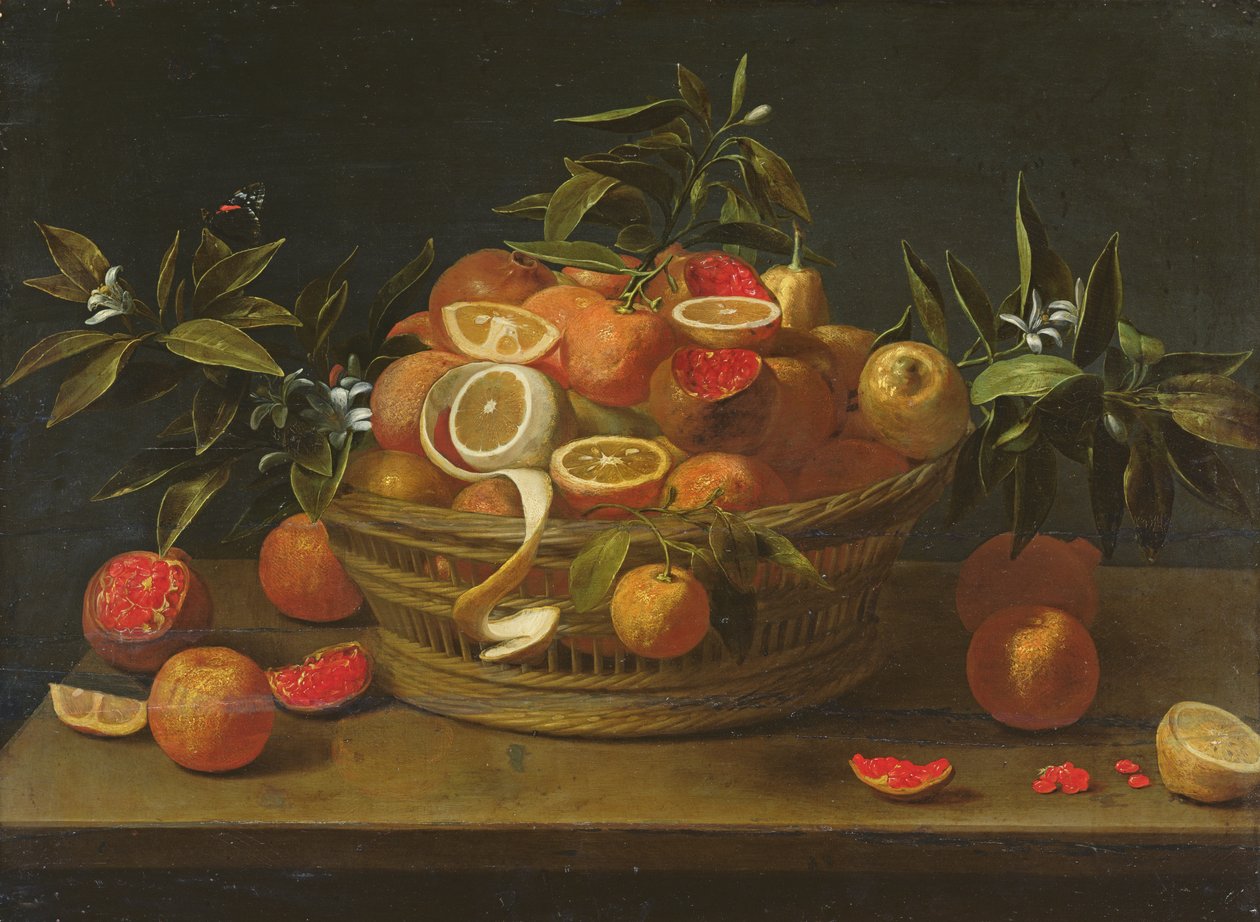 Stilleben med citron, appelsin og granatæble (olie på træ) af French School