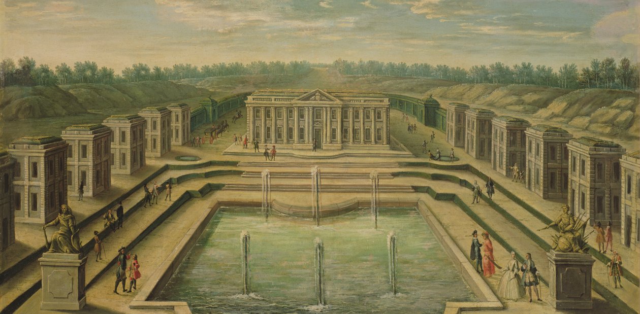 Chateau og pavilloner ved Marly set fra havernes perspektiv, tidligt attende århundrede af French School