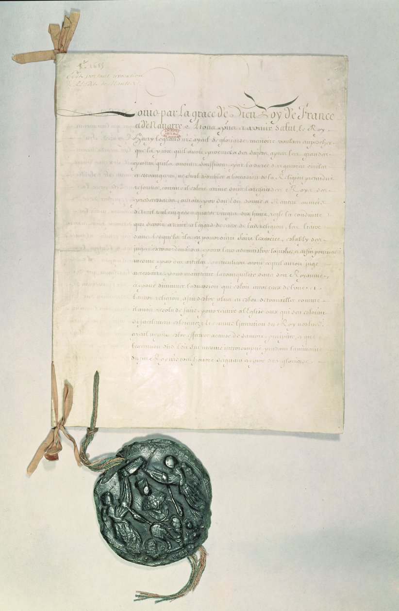Ediktet af Fontainebleau, 18. oktober 1685 (pen og blæk på papir) af French School