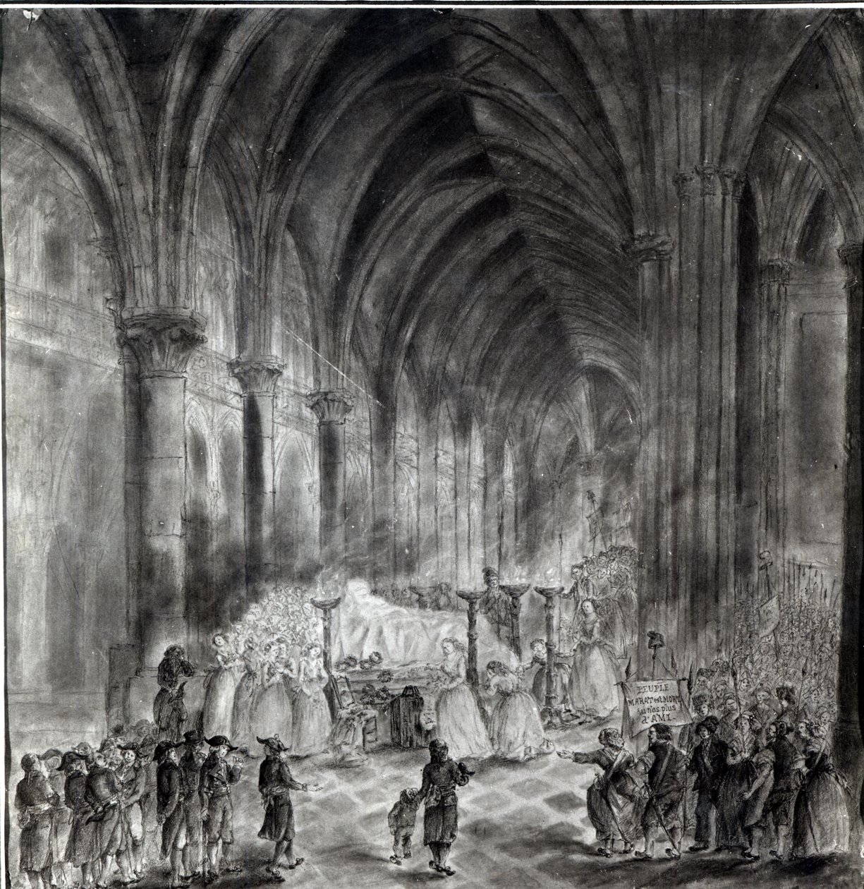 Jean Paul Marats begravelse (1743-93) i kapellet i Club des Cordeliers, 16. juli 1793 af French School
