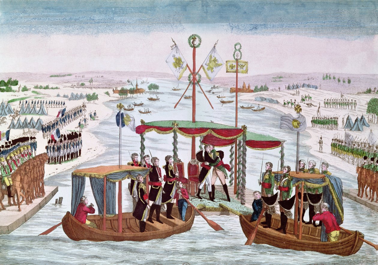 Mødet mellem Napoleon I (1769-1821) og zar Alexander I (1777-1825) i Niemen, 25. juni 1807 af French School