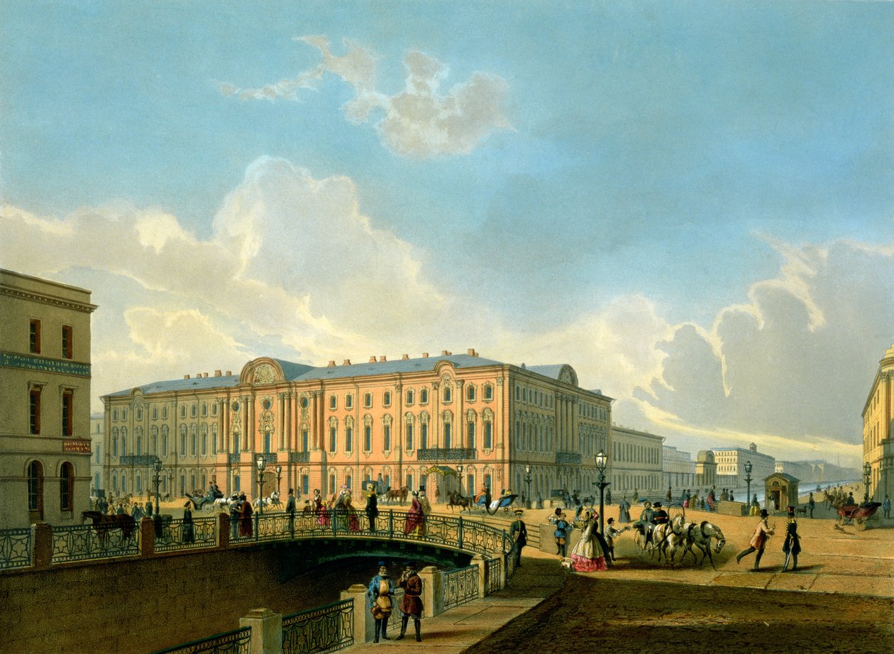 Moyka-dæmningen og politibroen i St. Petersborg, trykt af J. Jacottet og Regamey, udgivet af Lemercier, Paris, 1850