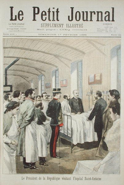 Republikkens præsident, Felix Faure (1841-99) på besøg i Saint-Antoine Hospital i Paris, fra Le Petit Journal, 17. februar 1895 af French School
