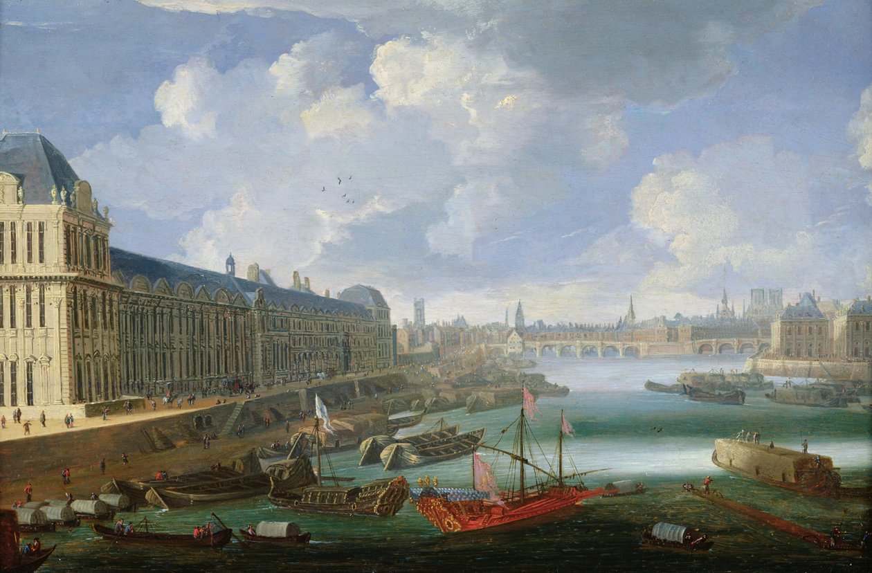 Seinen set mod Pont-Neuf, Louvre og College Mazarin, ca. 1675 af French School