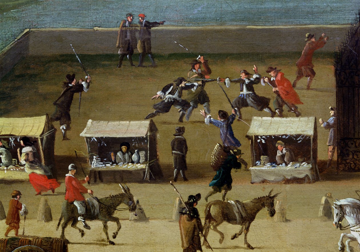 Seinen, Louvre og College des Quatre-Nations fra Pont-Neuf, detalje af markedsboder og mænd, der duellerer, ca. 1665-70 af French School