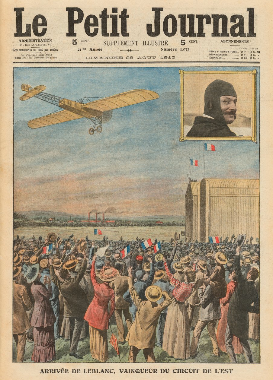 Flyveren Alfred Leblanc ankommer til Issy-les-Moulineaux, illustration fra "Le Petit Journal", supplement illustre, 28. august 1910 af French School