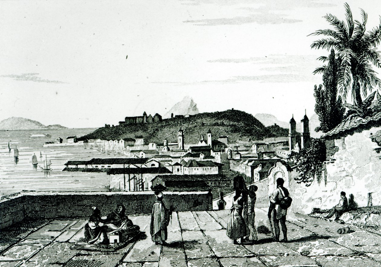 Udsigt over Rio de Janeiro fra kirken St.Bento tegnet af Fleury, indgraveret af Aubert, 1838 af French School