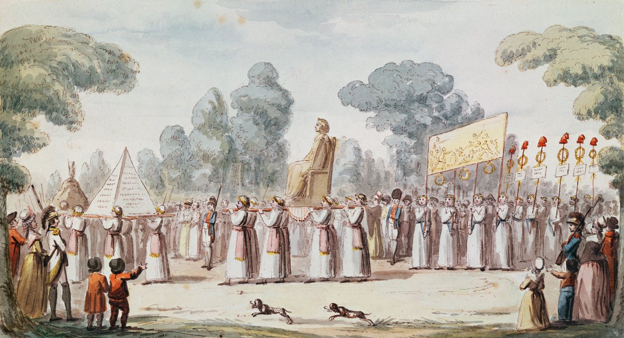 Udsigt over en revolutionær procession (farvegravering) af French School
