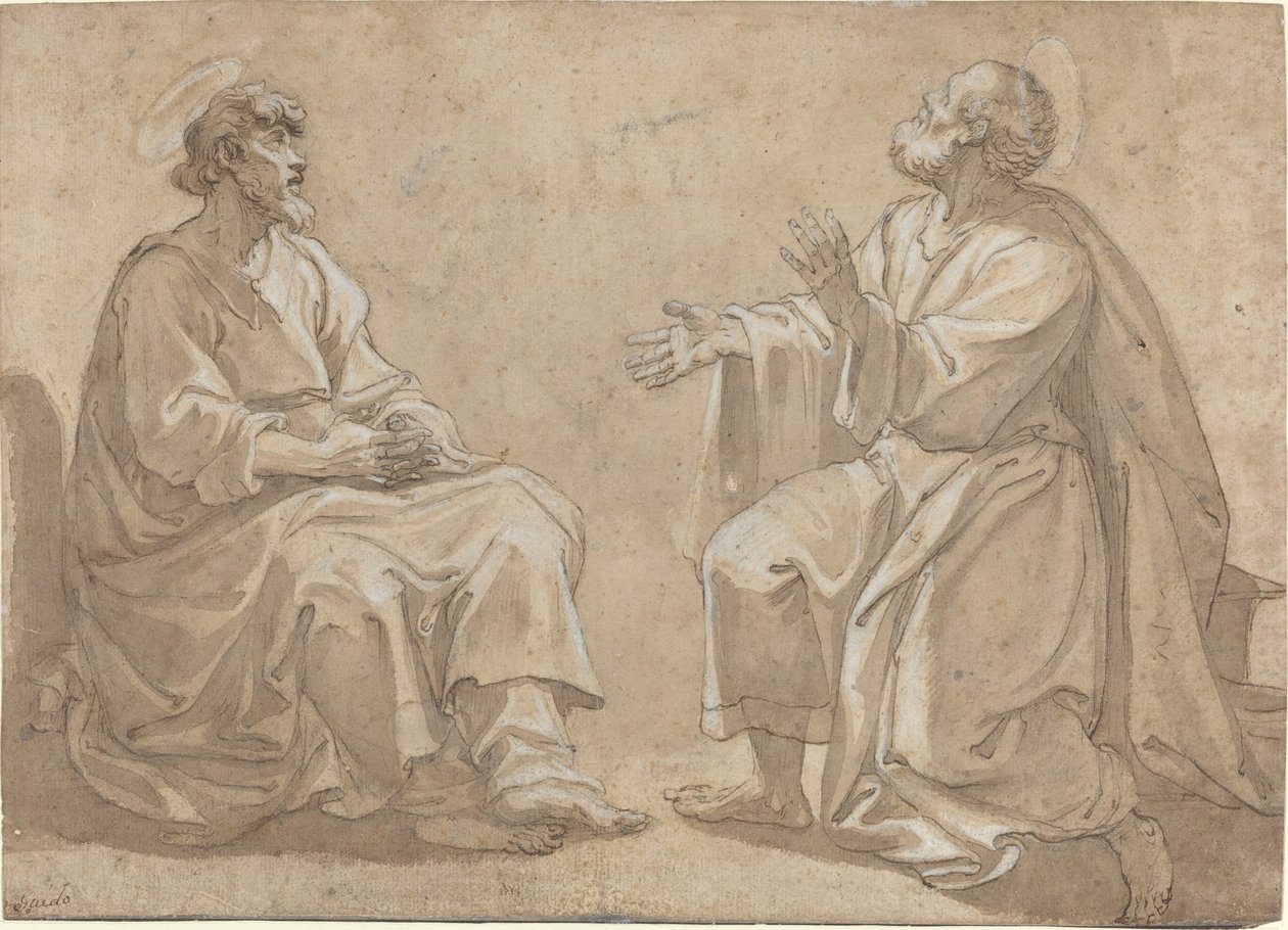 To siddende hellige af French 17th Century