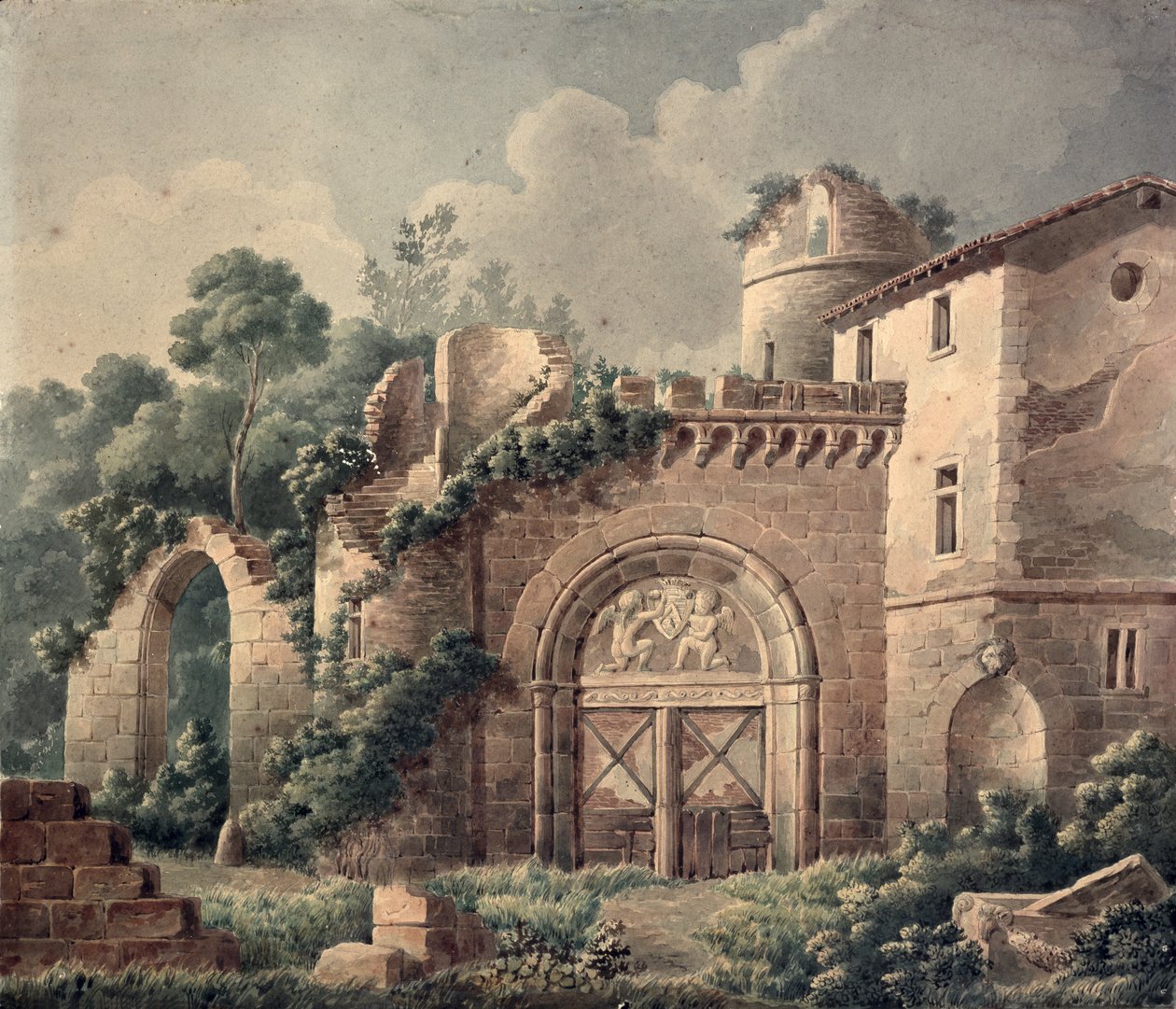 Et ruineret slot, ca. 1820 (wc på papir) af French School
