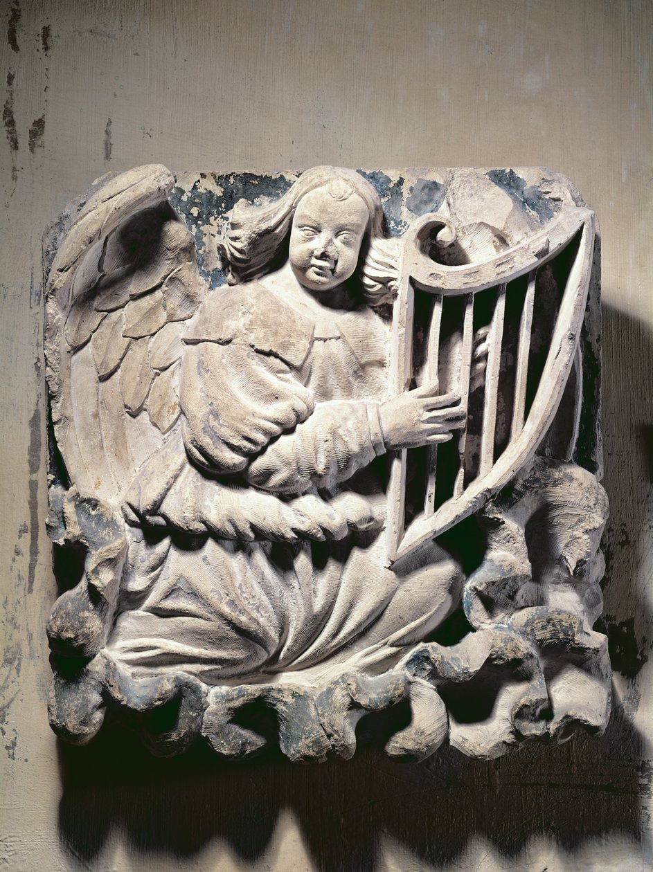 Englemusiker, der spiller harpe (bas-relief) af French School