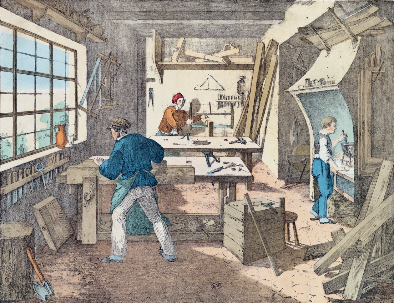 Tømrerværksted, c.1860 af French School