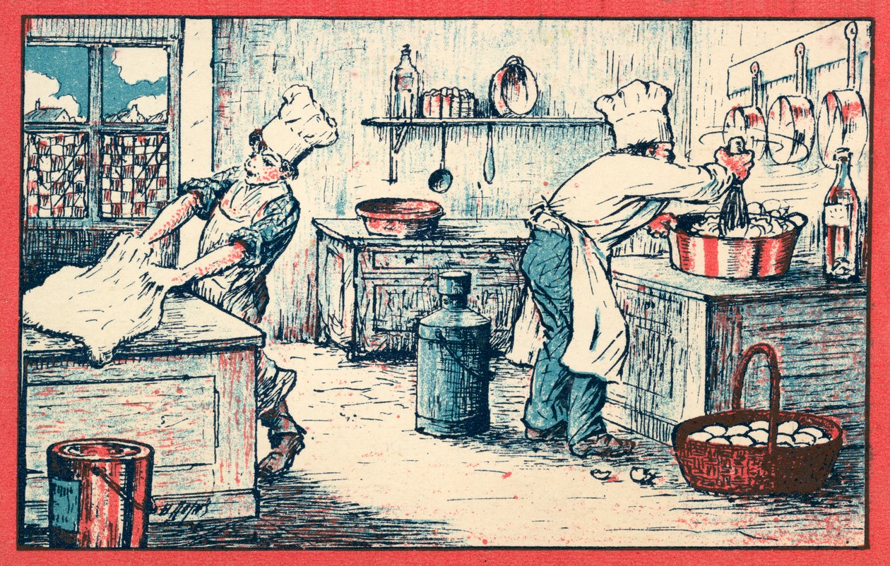 Kokke, der arbejder i et køkken (chromolitho) af French School