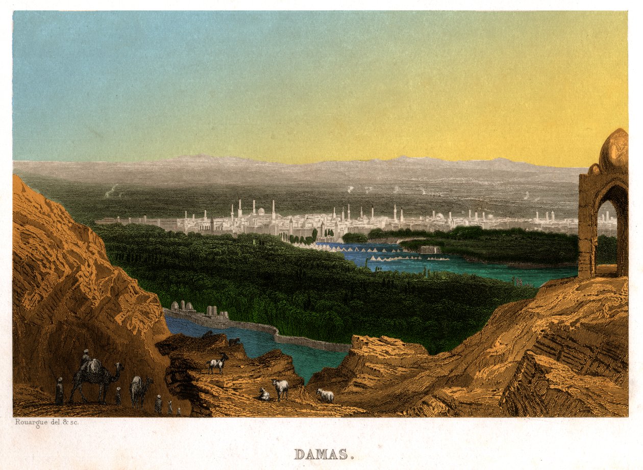 Damaskus i Syrien. (stik, ca. 1850) af French School