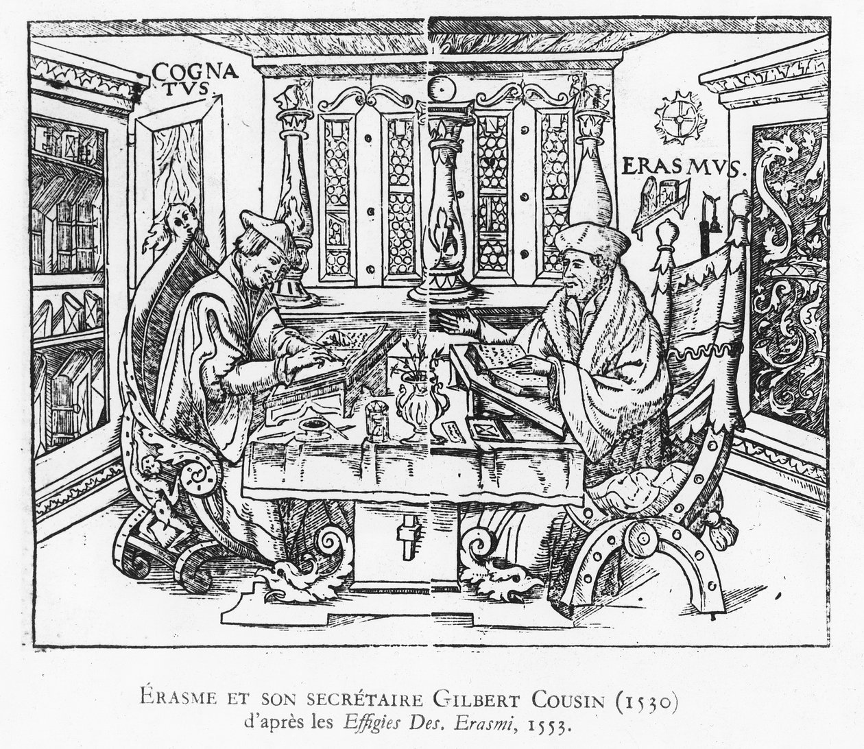 Erasmus og hans sekretær Gilbert Cousin (træsnit) af French School