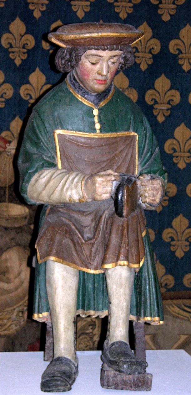 Figur af St. Crispin (polykromt træ) af French School
