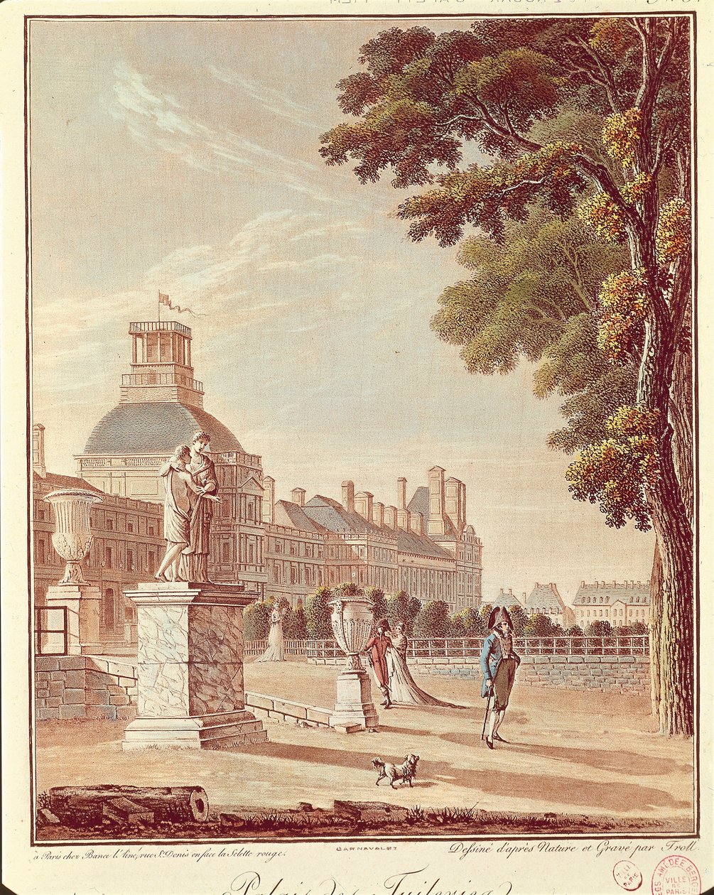 Frankrig, Paris, Tuileries Palace, gravering af French School