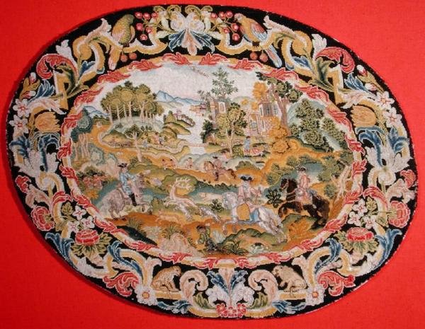 Jagtscene, ca. 1710-35 (broderi på lærred) af French School