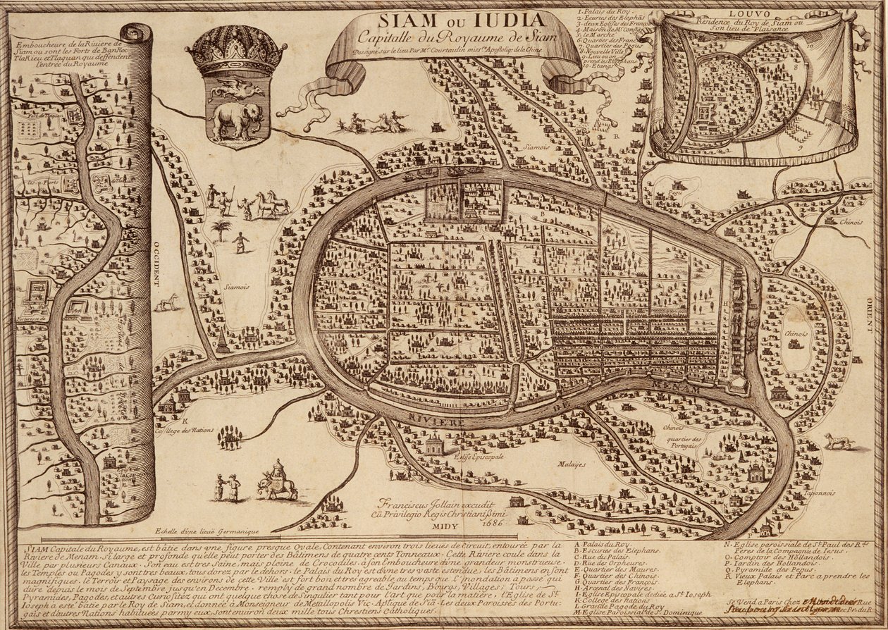 Kort over Ayutthaya, 1686 (blæk på papir) af French School