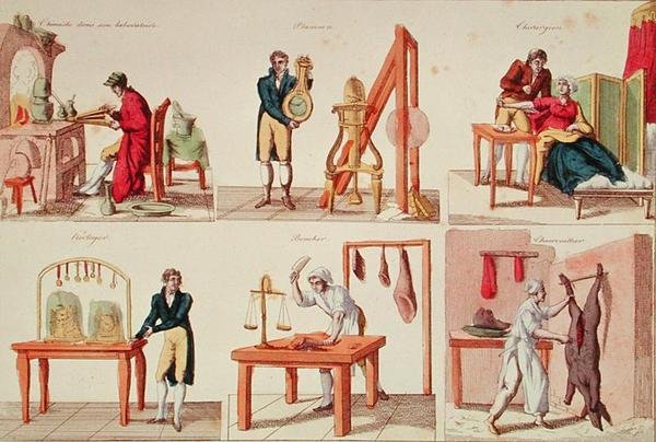 Six Professions (farvet gravering) af French School