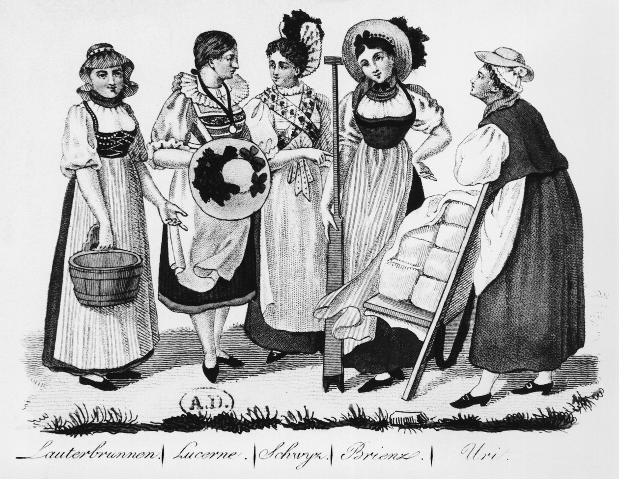 Schweiziske kvinder i traditionel kostume af French School