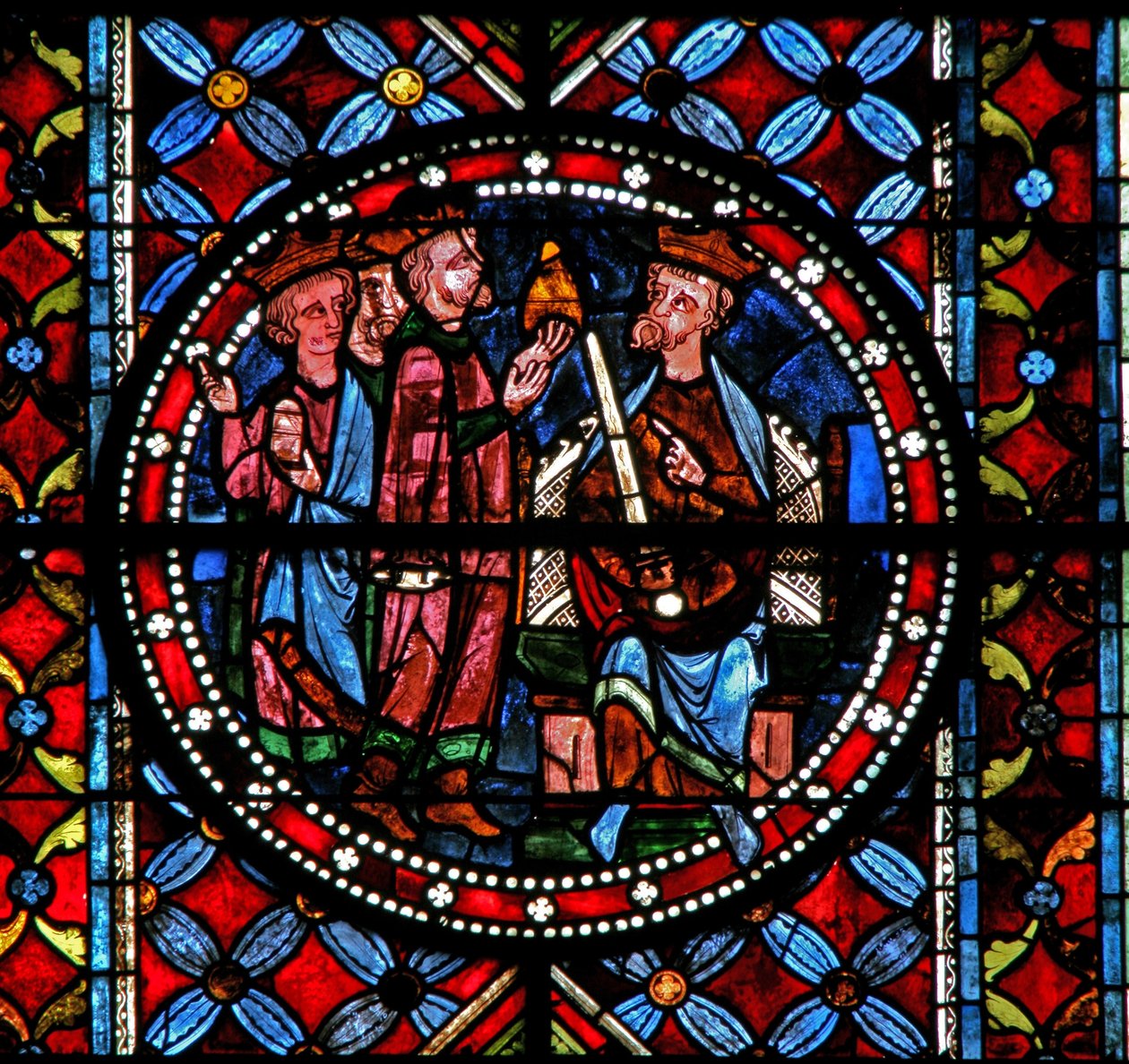 Vindue w102, der viser magi med Herodes af French School