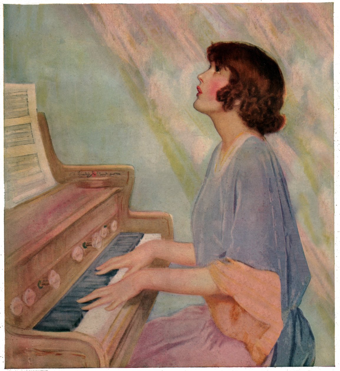 Kvinde spiller orgel. 1924 (gravering) af French School