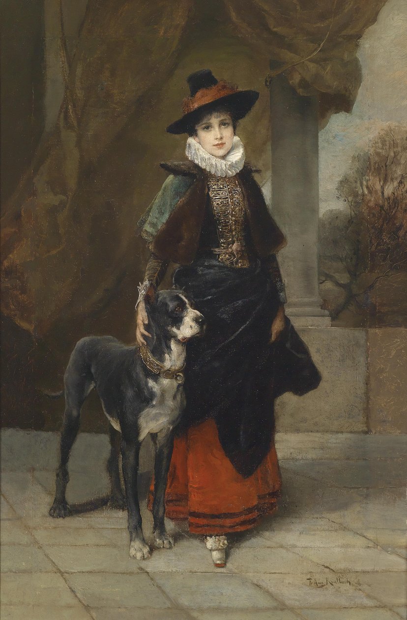 Portræt af en dame i et historiserende kostume med en mastiff af Friedrich August von Kaulbach