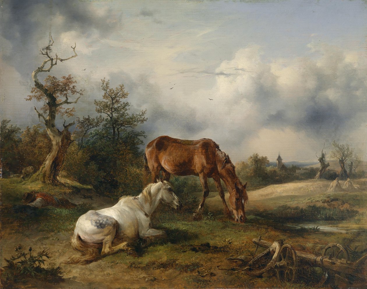 To heste (en hvid hest og en ræv) på græsgange af Friedrich Gauermann
