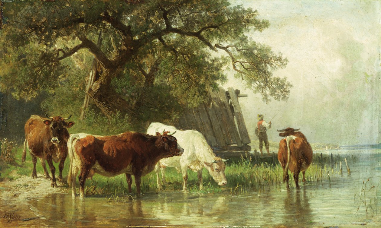 Kvægvanding i et flodlandskab, 1800-tallet af Friedrich Johann Voltz