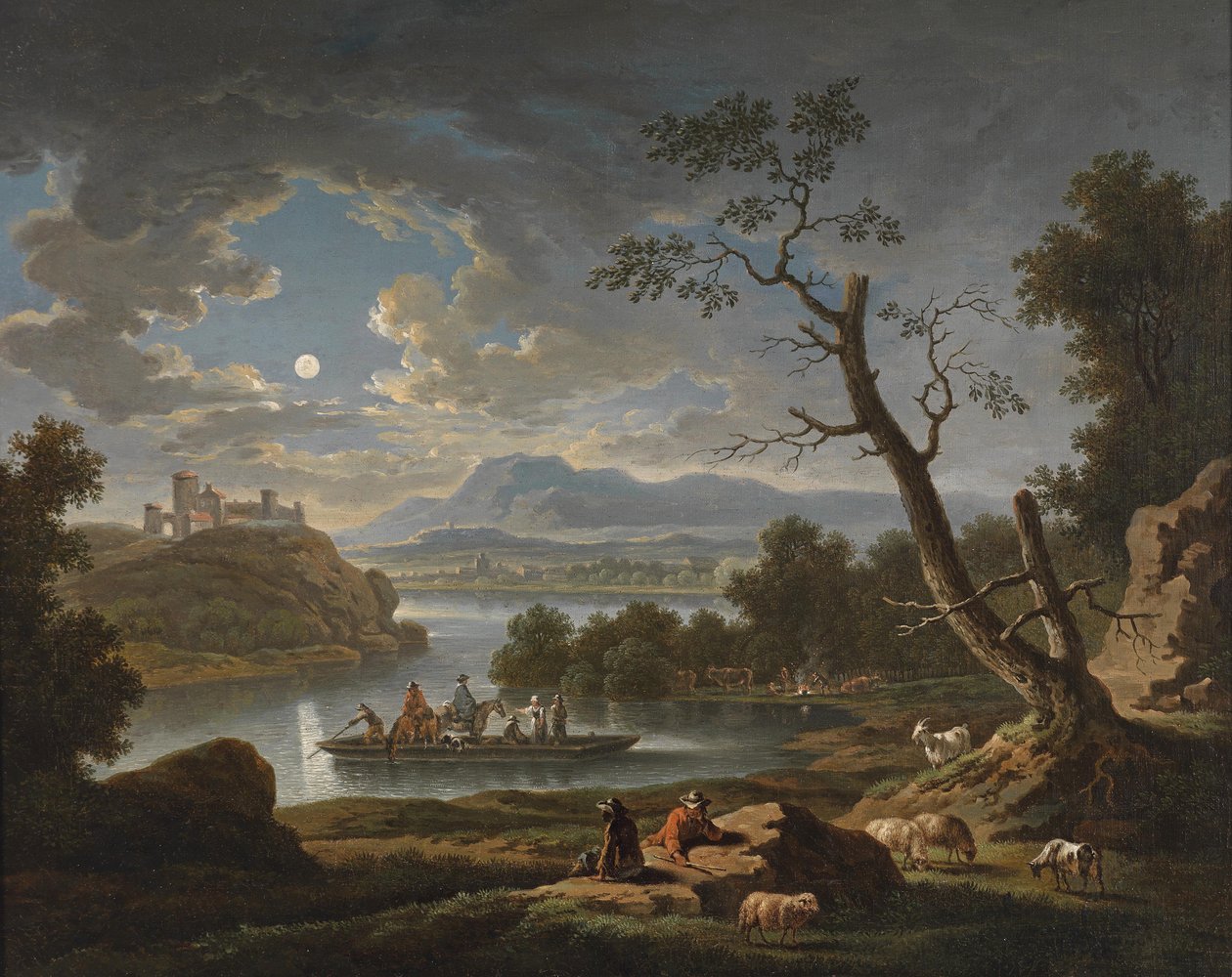 Et flodlandskab i måneskin af Friedrich Wilhelm Hirt
