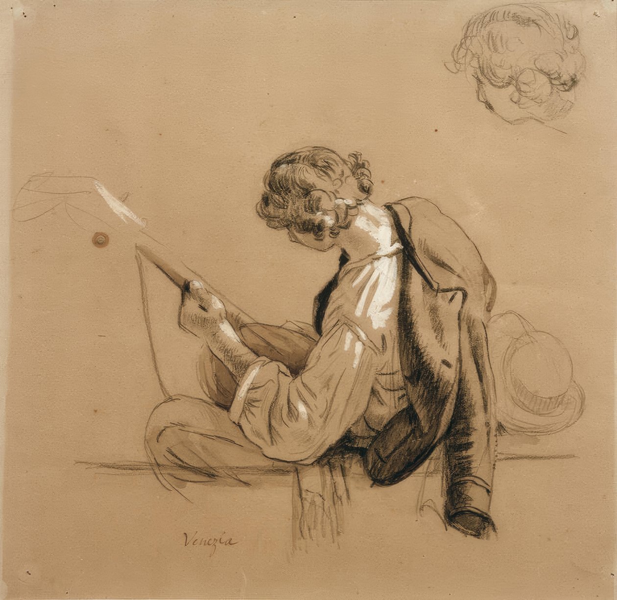 Siddende lutspiller; hovedstudie af Friedrich Nerly