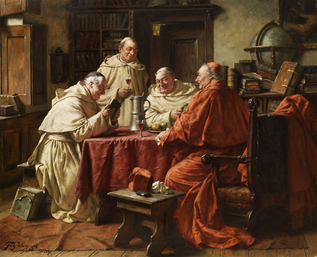 Kardinal med munke i et klosterbibliotek. af Fritz Wagner
