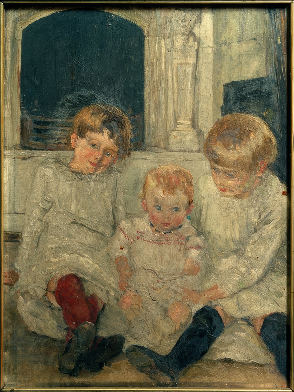 Kunstnerens tre døtre foran pejsen af Fritz von Uhde