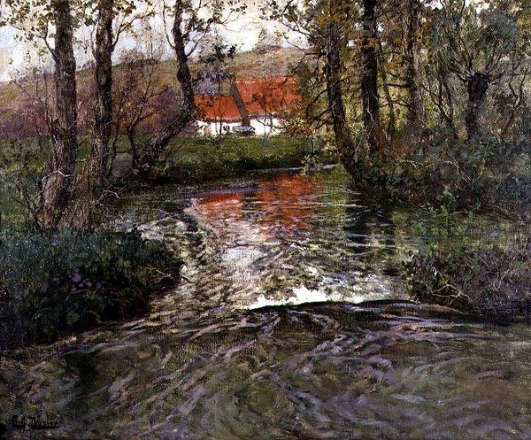 Bygning ved flodbredden af Fritz Thaulow