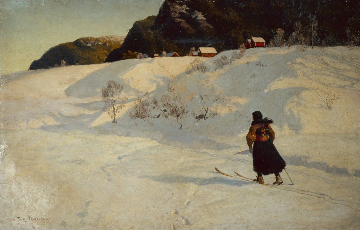 Vinterscene med en skiløber af Fritz Thaulow