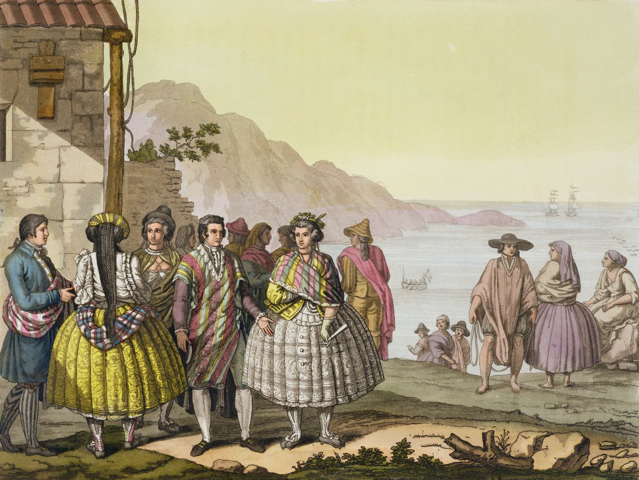 Mænd og kvinder i kunstfærdigt kostume, Chile, fra 